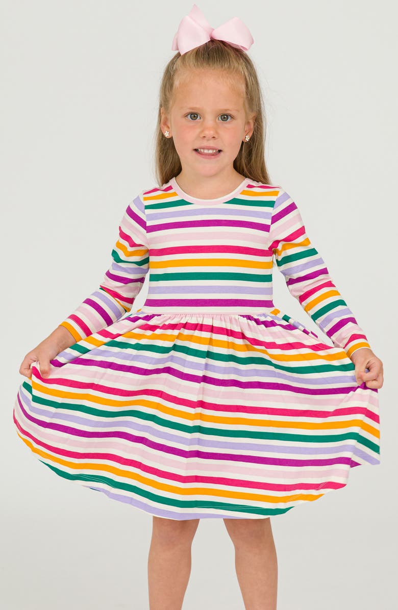 RuffleButts Colorful Rainbow Stripe Long Sleeve Skater Dress, Alternate, color, White