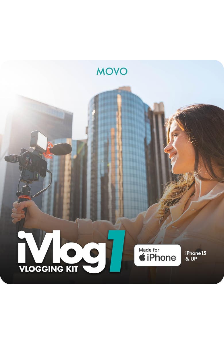 MOVO iVlog1-IP Vlogging Kit for iPhone 15/16/17 and up  (USB-C) with Microphone, Mini Tripod, LED Light, Wide-Angle Lens, Alternate, color, Black
