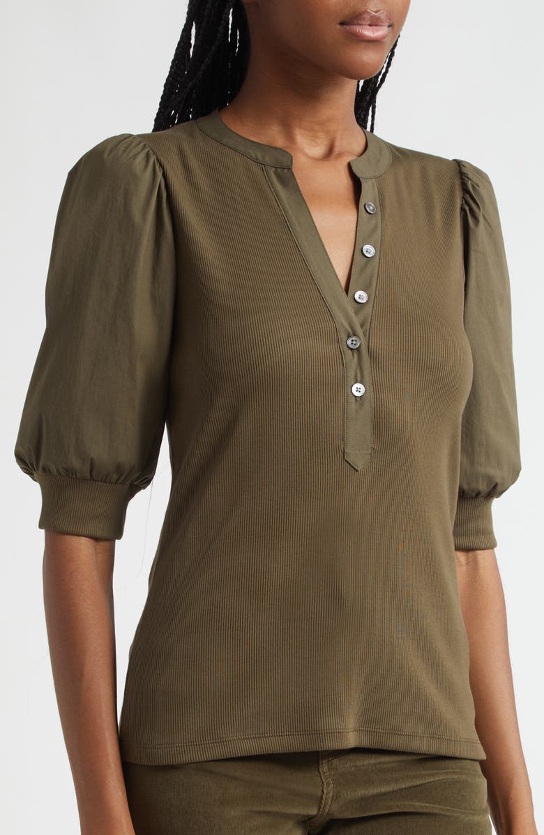 Veronica Beard Coralee Puff Sleeve Mixed Media Henley Top, Alternate, color, Cypress