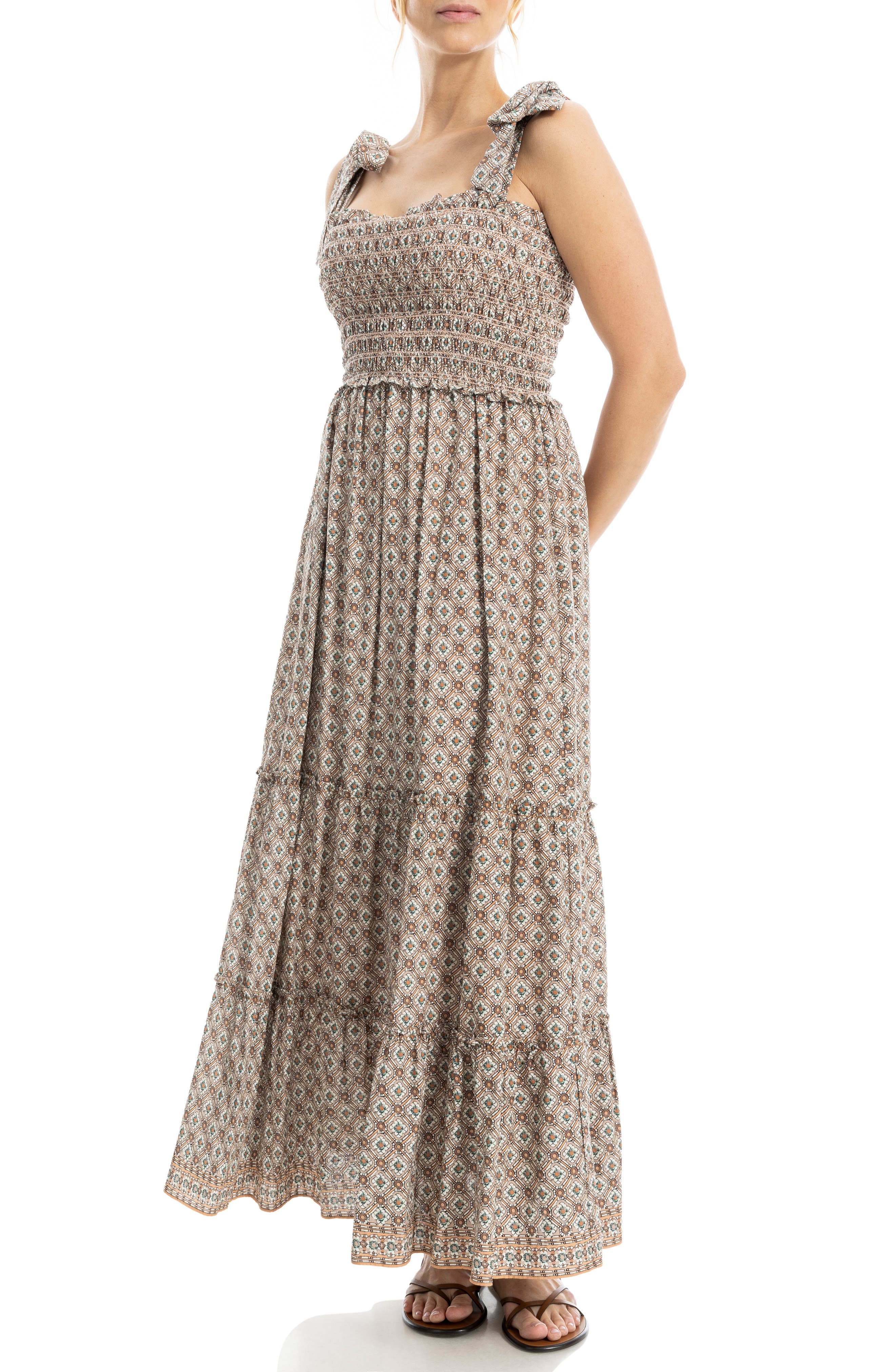Max Studio Women's Tie Strap Smocked Tiered Sundress (Peach Pink Diagonal)