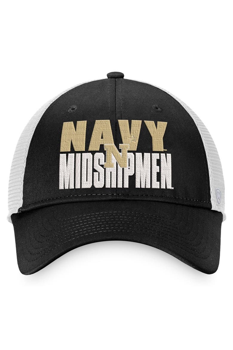 Men's Top of the World Black/White Navy Midshipmen Stockpile Trucker Snapback Hat, Alternate, color, Black