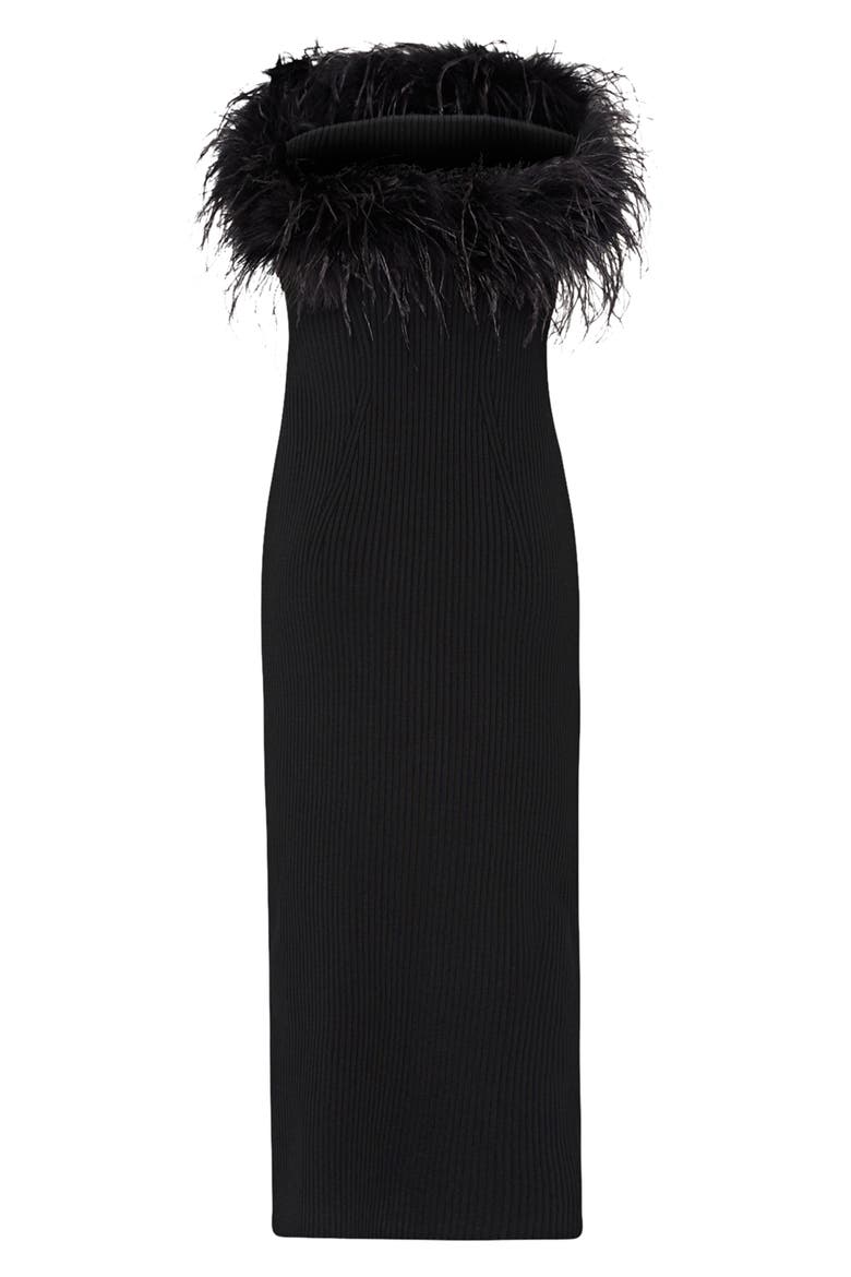 Robena Feather Detail Midi Dress, Alternate, color, BLACK