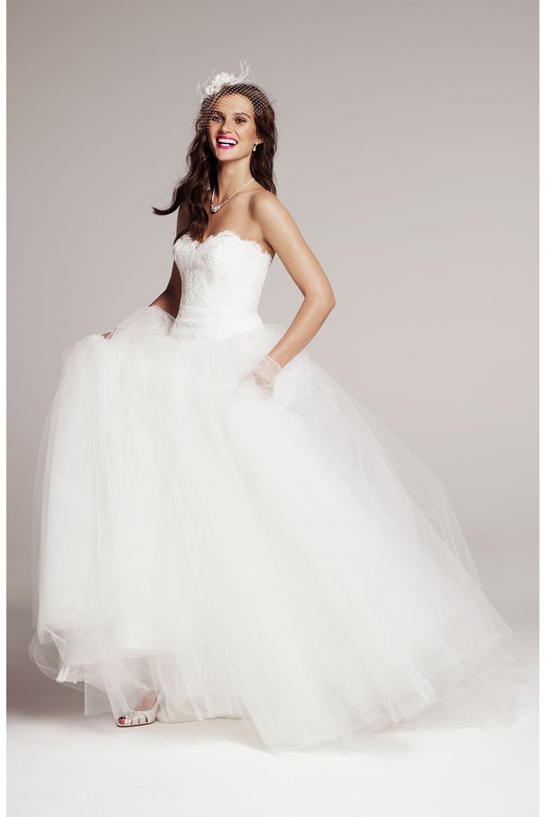 Strapless Lace & Tulle Ballgown, Alternate, color, OFF WHITE