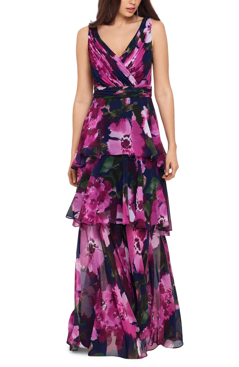 Xscape Evenings Xscape Floral Tiered Chiffon Gown, Main, color,