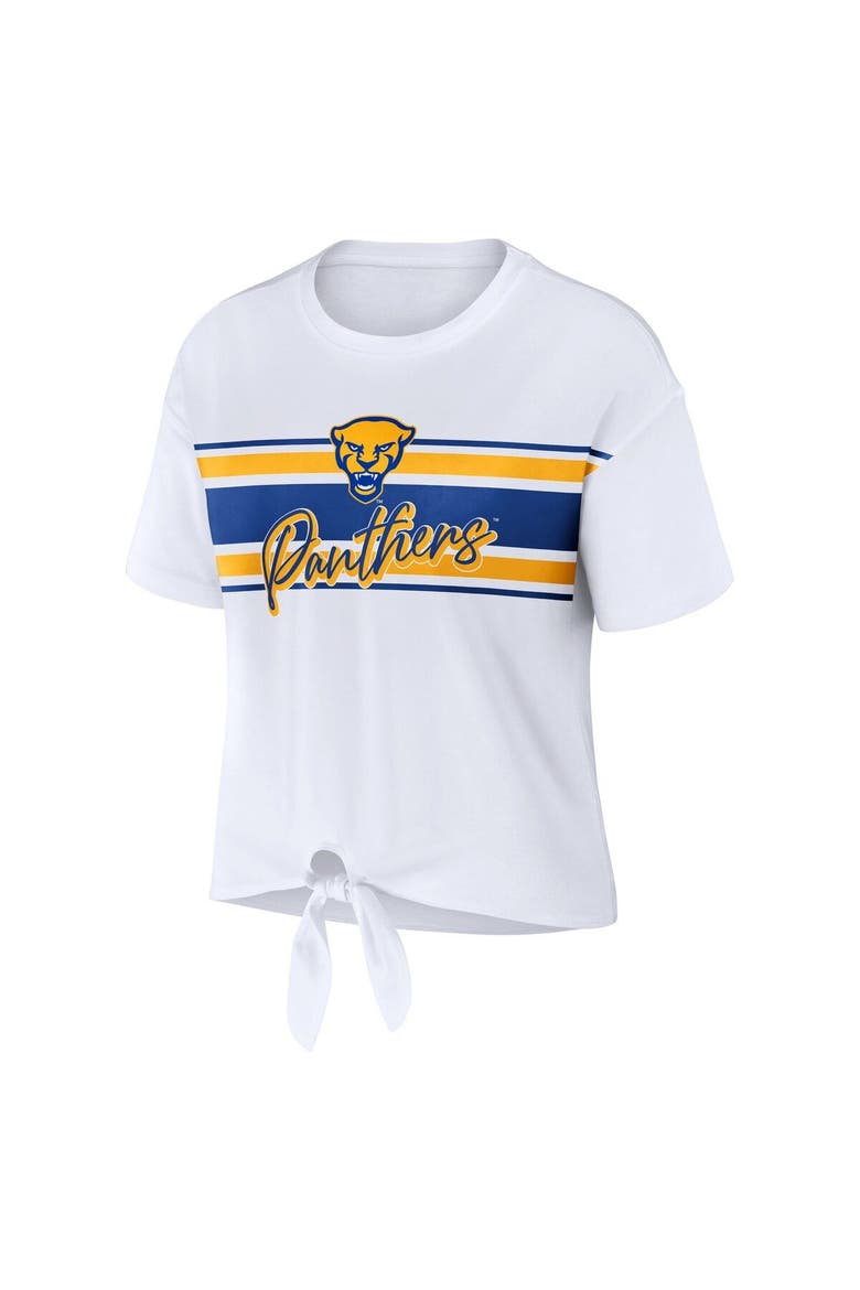 Women's WEAR by Erin Andrews White Pitt Panthers Striped Front Knot Cropped T-Shirt, Alternate, color, White