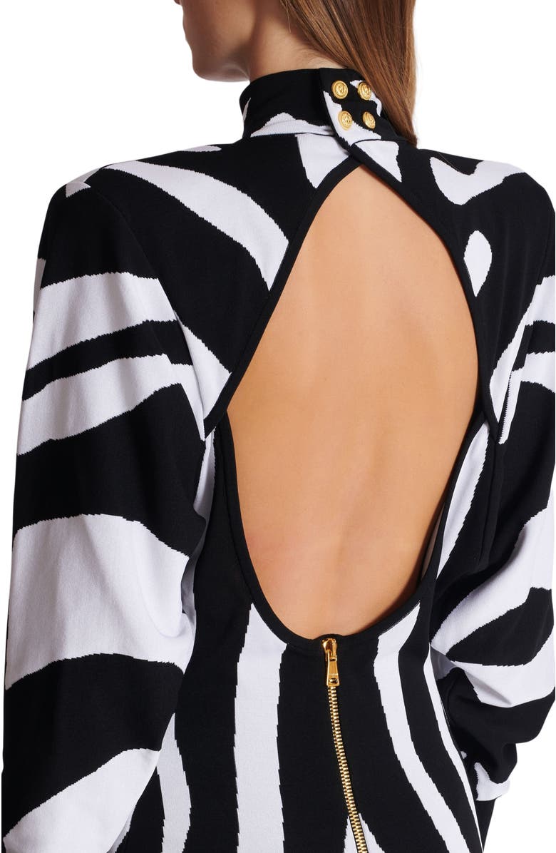 Balmain Long Knit Dress With Zebra Intarsia, Alternate, color, Black