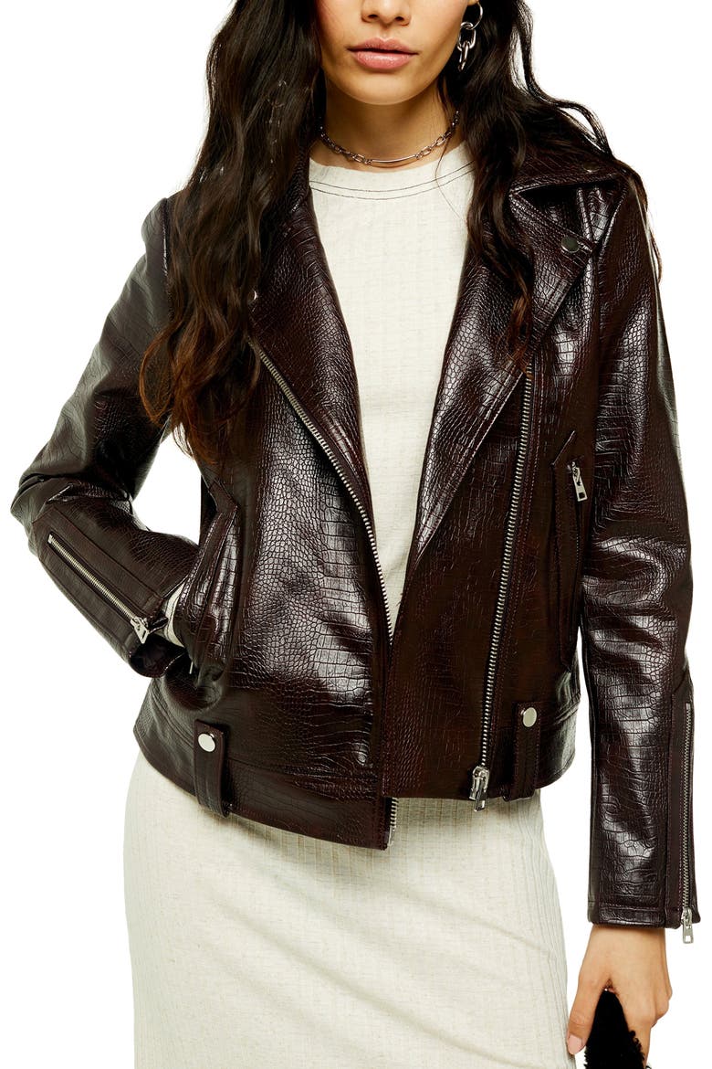 Croc Embossed Faux Leather Jacket, Main, color, BURGUNDY