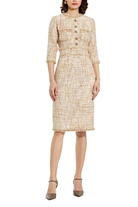 Petite Beaded Trim Boucle Midi Dress with 3/4 Sleeves