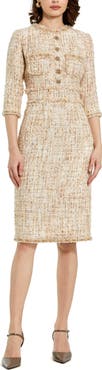 Mac Duggal Petite Beaded Trim Boucle Midi Dress with 3/4 Sleeves