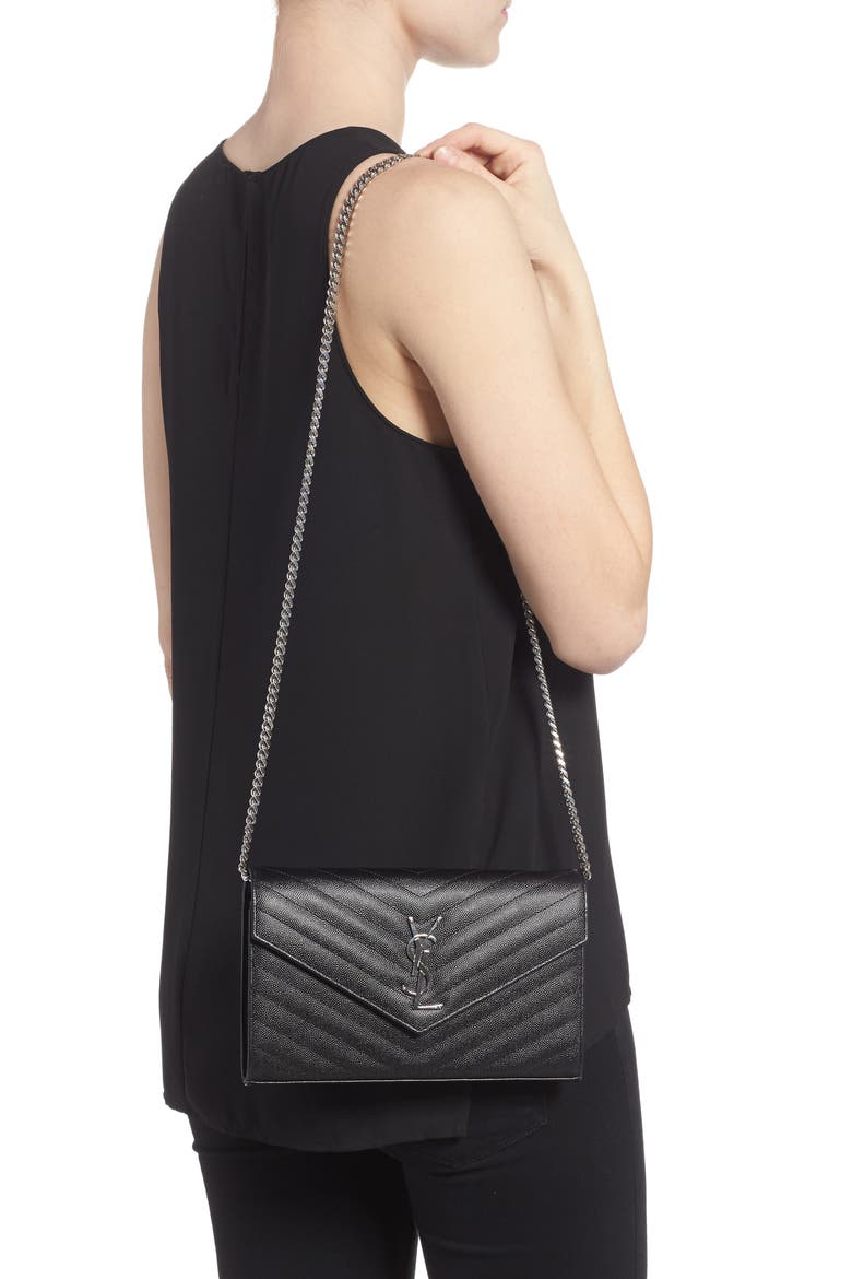 Cassandre Matelassé Leather Wallet on a Chain, Alternate, color, NOIR