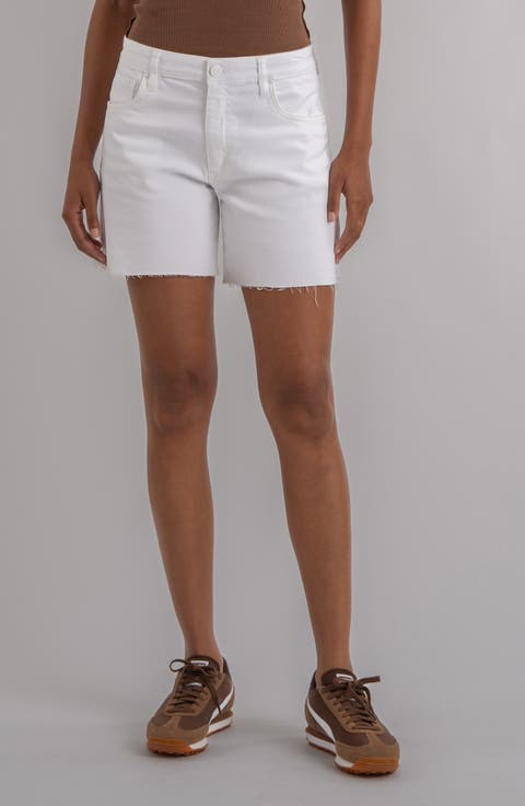 Hailey Raw Hem High Waist Denim Bermuda Shorts (Optic White)