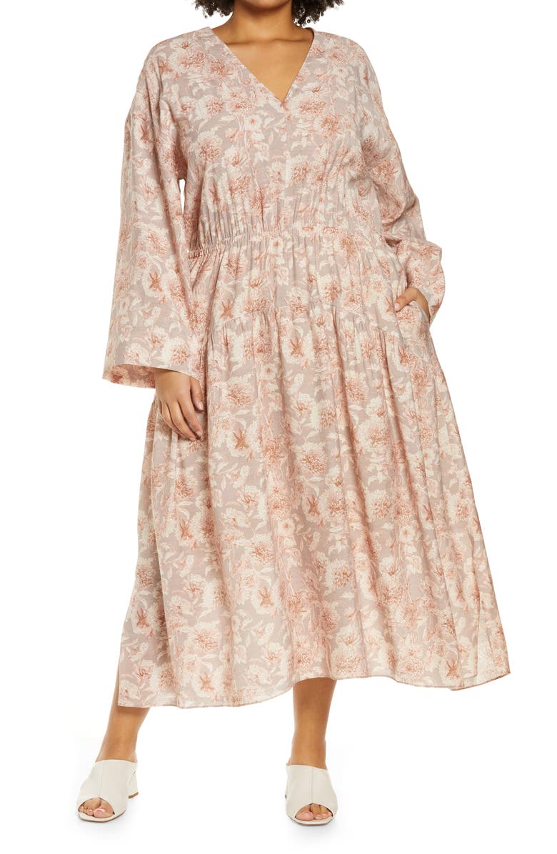Vince Dahlia Print Long Sleeve Midi Dress, Main, color, Lotus Shell