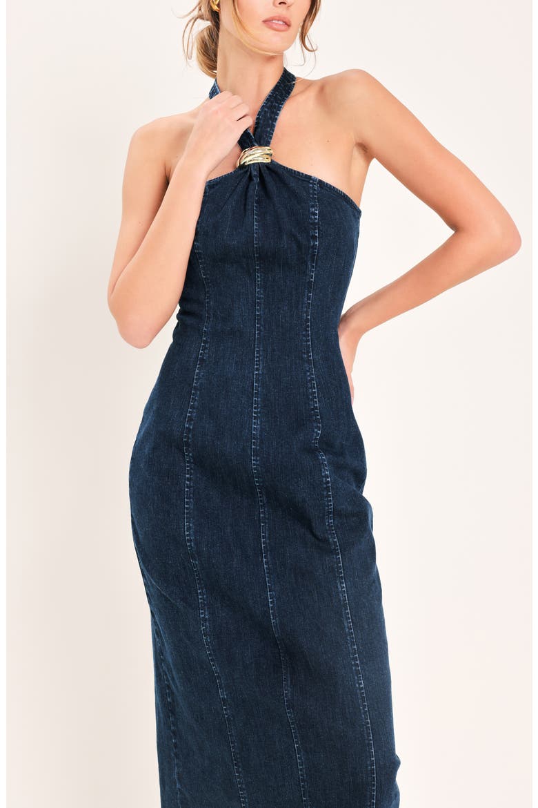Halter Neck Denim Midi Dress, Alternate, color, DARK INDIGO