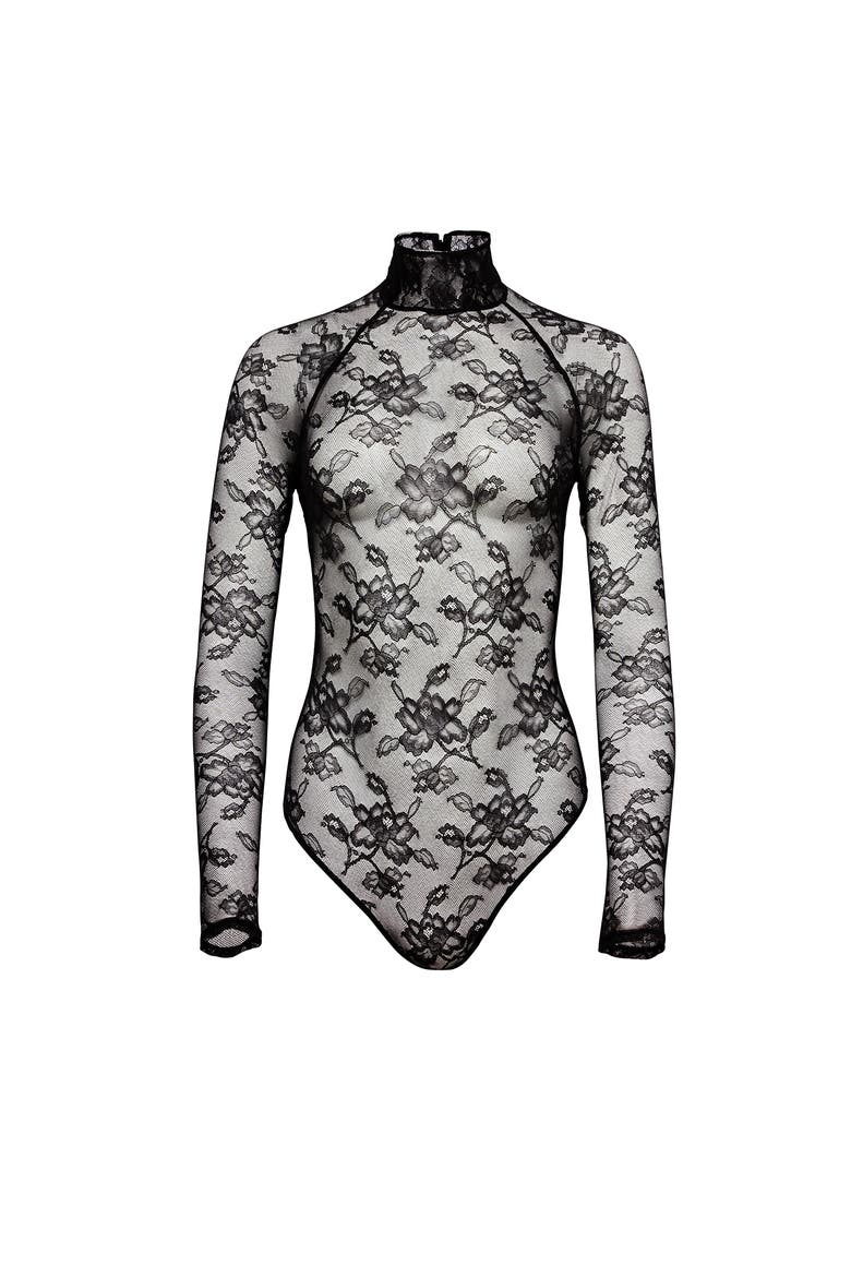 High Neck Lace Bodysuit, Alternate, color, BLACK