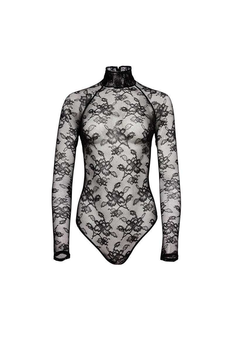 Fleur Du Mal High Neck Lace Bodysuit, Alternate, color, Black
