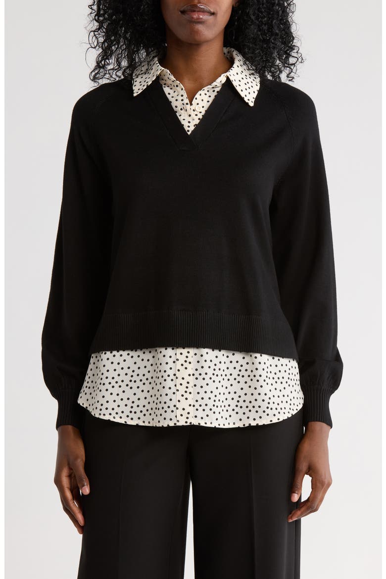V-Neck Twofer Sweater, Main, color, BLACK W/ CREAM ABSTRACT DOT