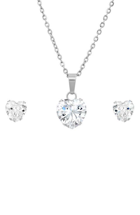 Simulated Diamond Stud Earrings & Pendant Necklace Set