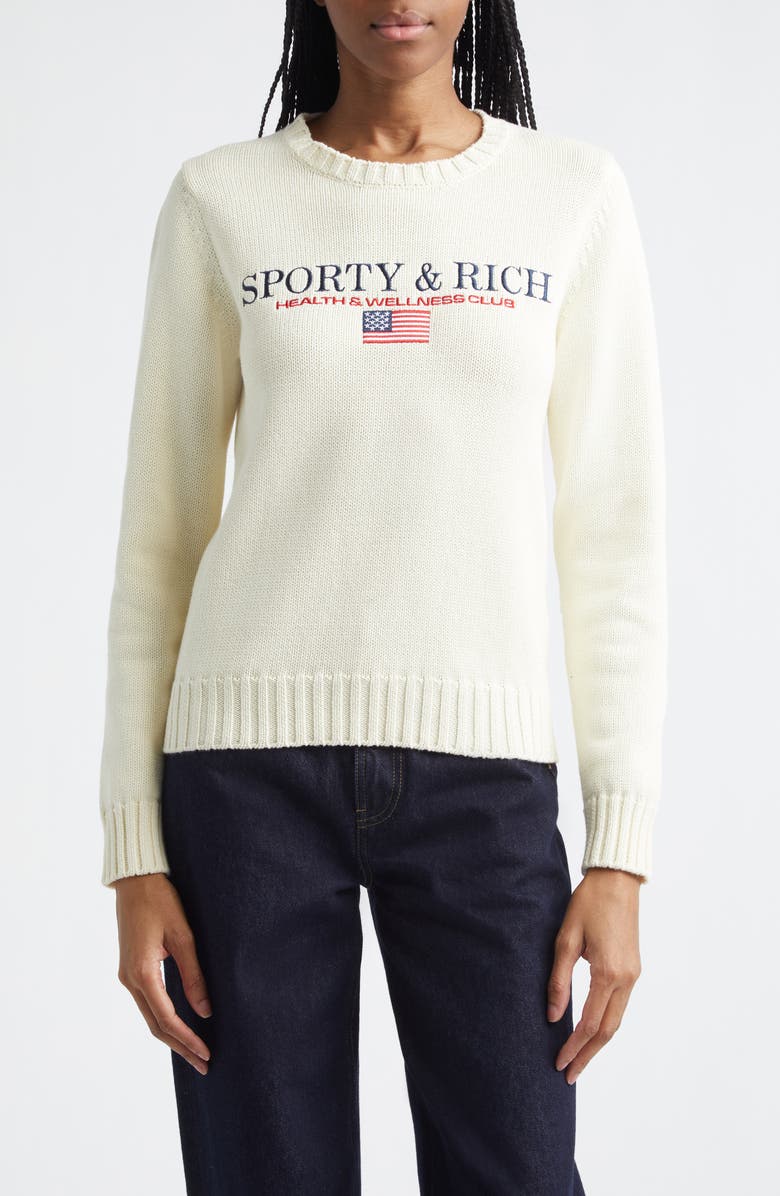 Sporty & Rich Nautical Embroidered Cotton Crop Sweater, Main, color, Ecru