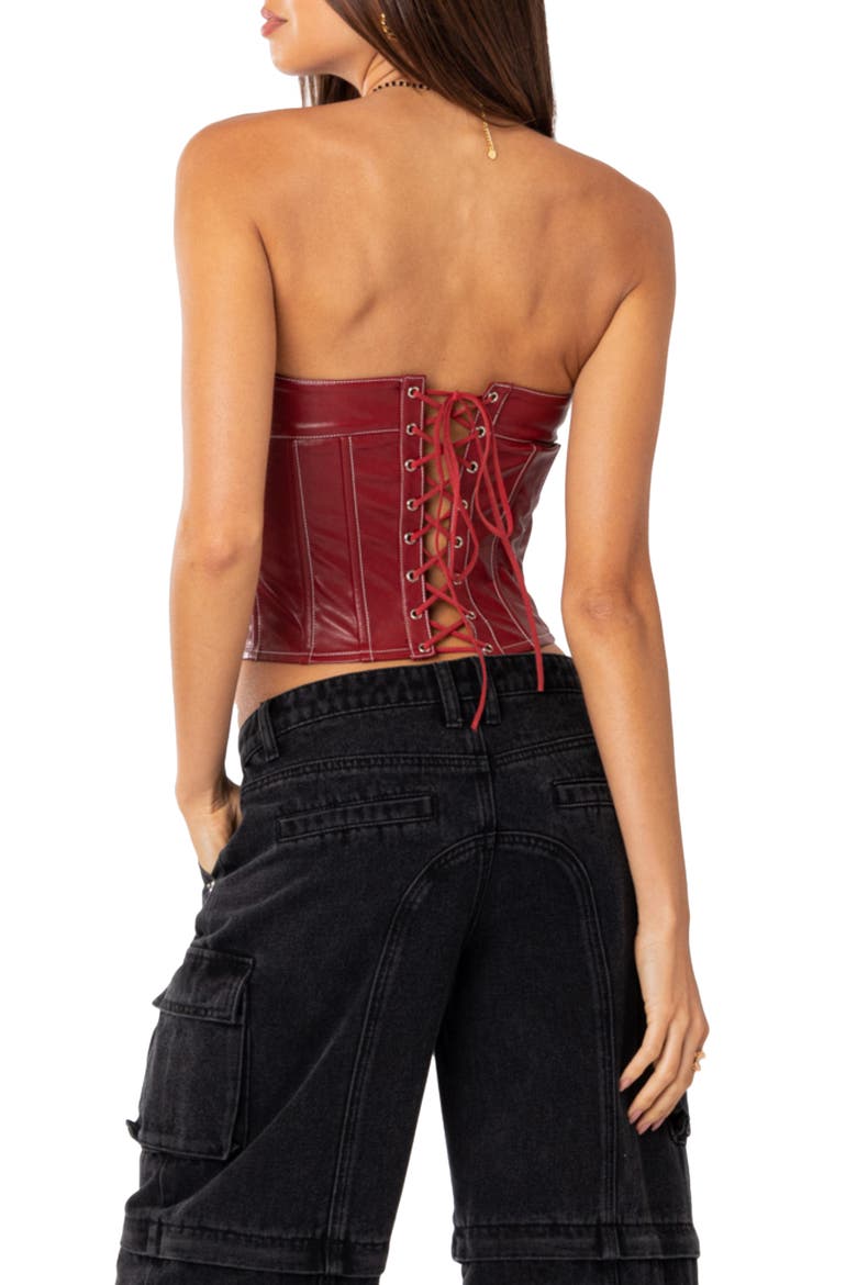 Moss Lace-Up Strapless Faux Leather Corset Top, Alternate, color, BURGUNDY