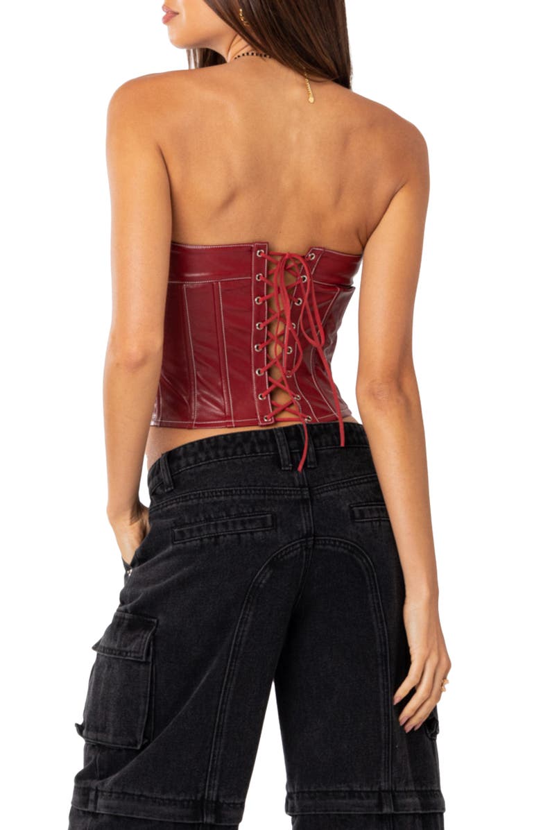 EDIKTED Moss Lace-Up Strapless Faux Leather Corset Top, Alternate, color, Burgundy