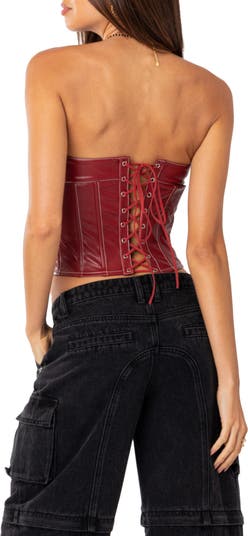 Moss Lace-Up Strapless Faux Leather Corset Top