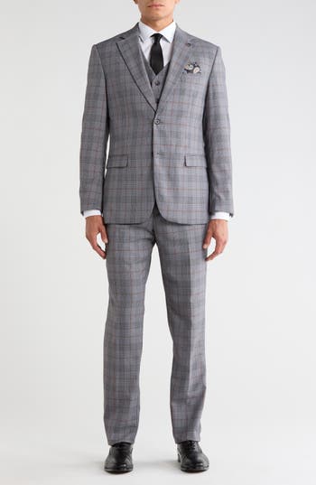 Stacy Adams Glen Plaid 3-piece Suit Set In Mid Grey