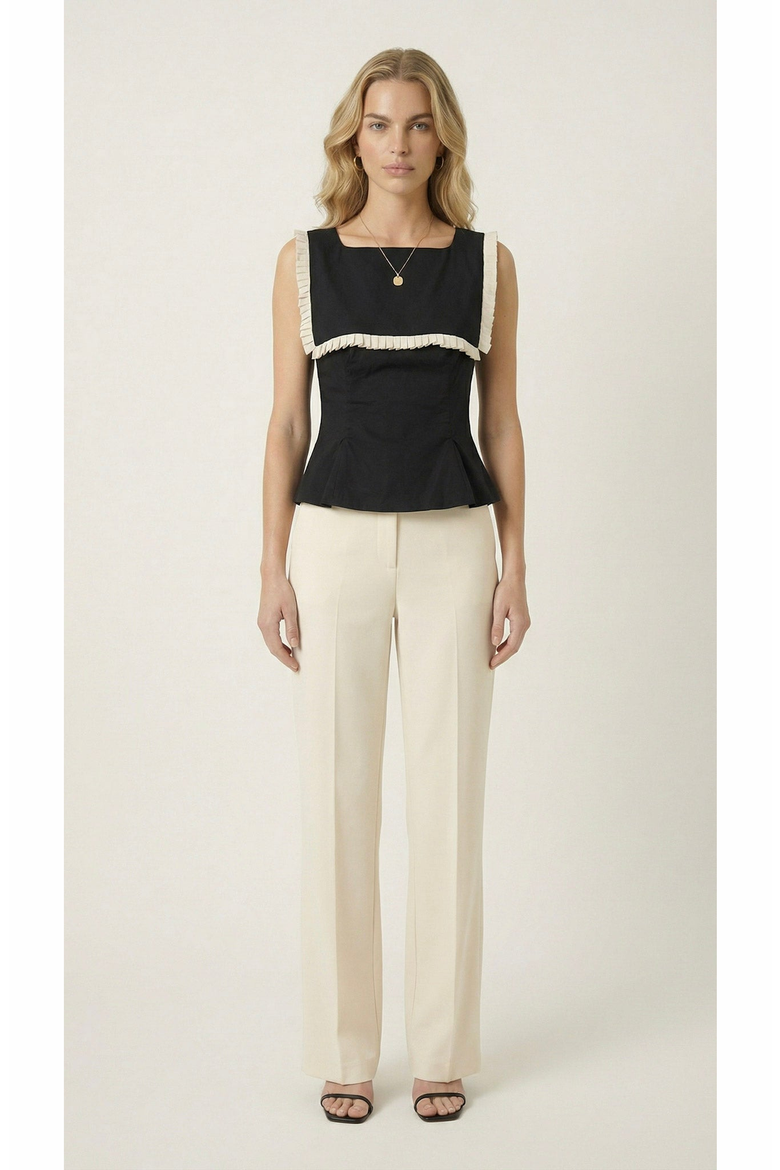 Contrast Bib Ruffle Trim Peplum Top, Alternate, color, Black / Cream