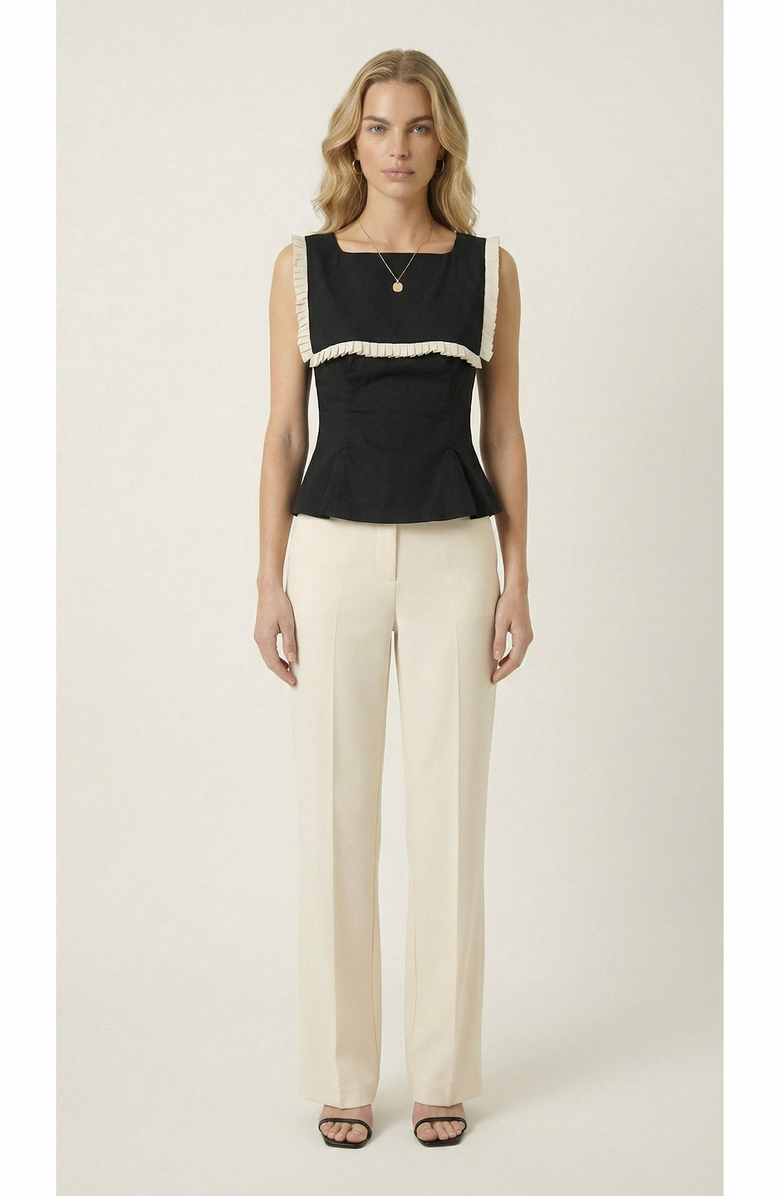 Modenaire Contrast Bib Ruffle Trim Peplum Top, Alternate, color, Black / Cream