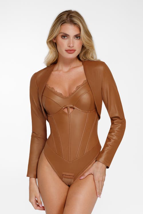 Popilush Shapewear Faux Leather Hourglass Cutout Corset Bodysuit In Cambridge Brown