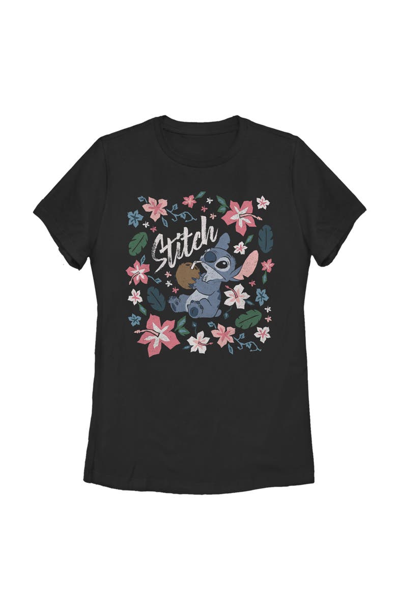 Lilo & Stitch Women's Lilo & Stitch Flowers and a Coconut Graphic T-Shirt, Main, color, Black