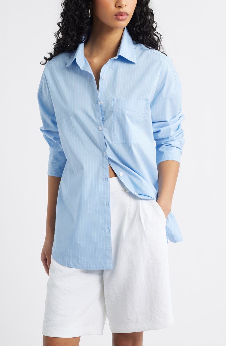 Open Edit Oversize Poplin Button-Up Shirt, Main, color, Blue- Ivory Slice Pin