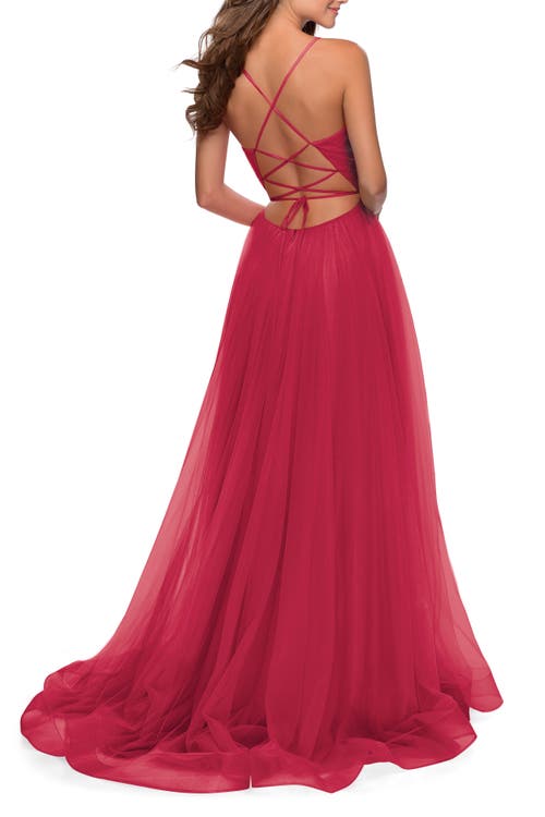 La Femme Long Tulle A-line Gown With Side Slit And Pockets In Red