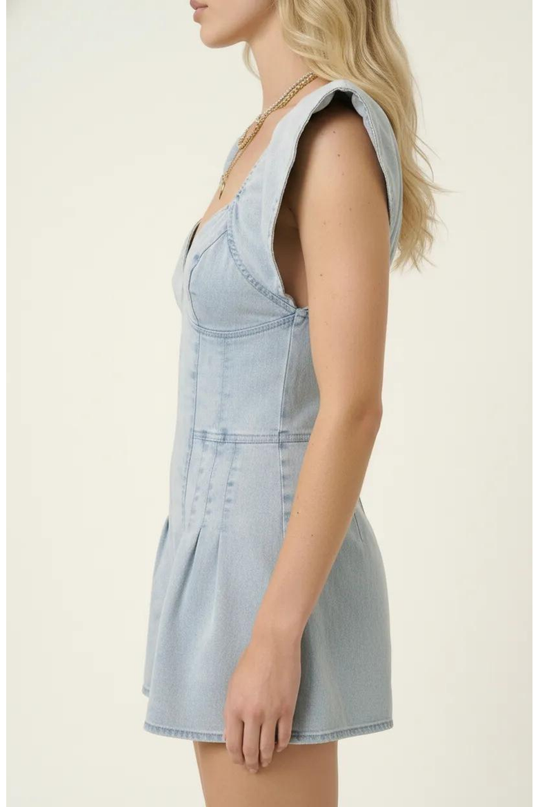 Structured Zip Front Romper with Flutter Sleeves and Pleated Detail, Alternate, color, Light Blue