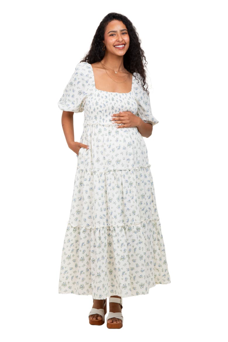 Floral Smocked Ruffle Tiered Maxi Dress, Alternate, color, Blue