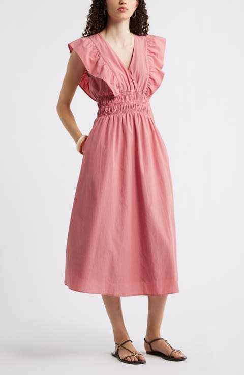 Flutter Sleeve Smocked Waist Midi Dress