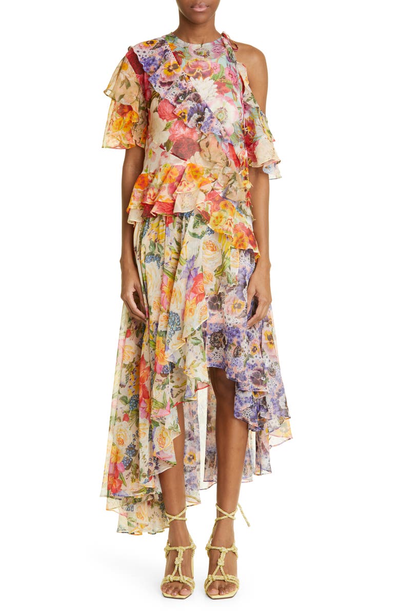 Zimmermann Wonderland Floral Mixed Print Asymmetric Flounce Cotton & Silk Dress, Main, color, 