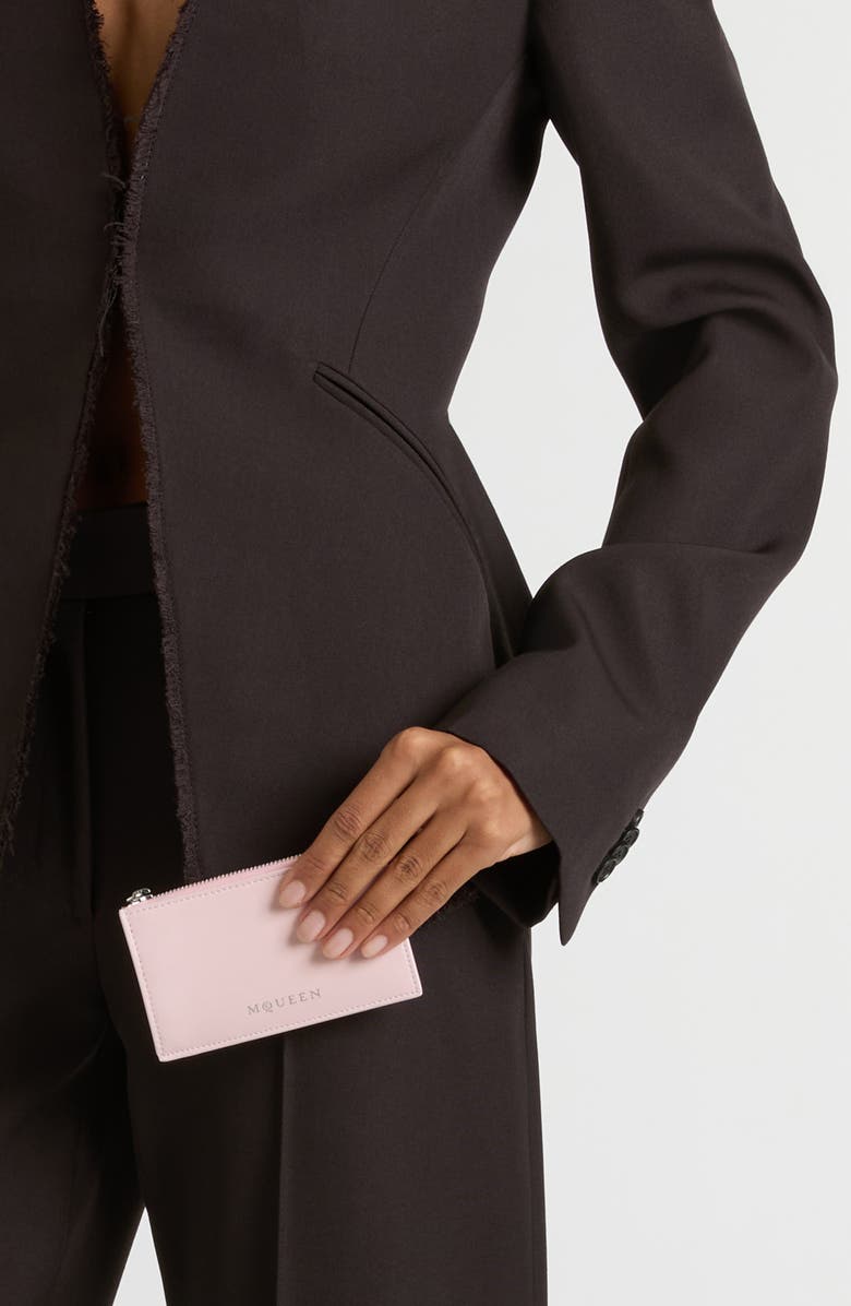 McQueen Logo Leather Zip Card Case, Alternate, color, Rose/ Silver