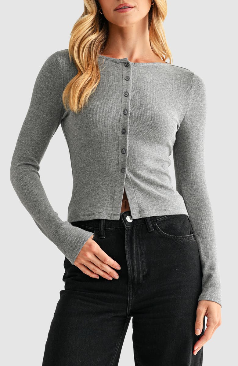 Lush Long Sleeve Button Front Crop Top, Main, color, Dark Grey