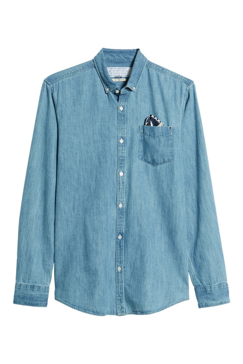 Amsterdams Blauw Pocket Square Chambray Sport Shirt, Alternate, color, DENIM BLUE