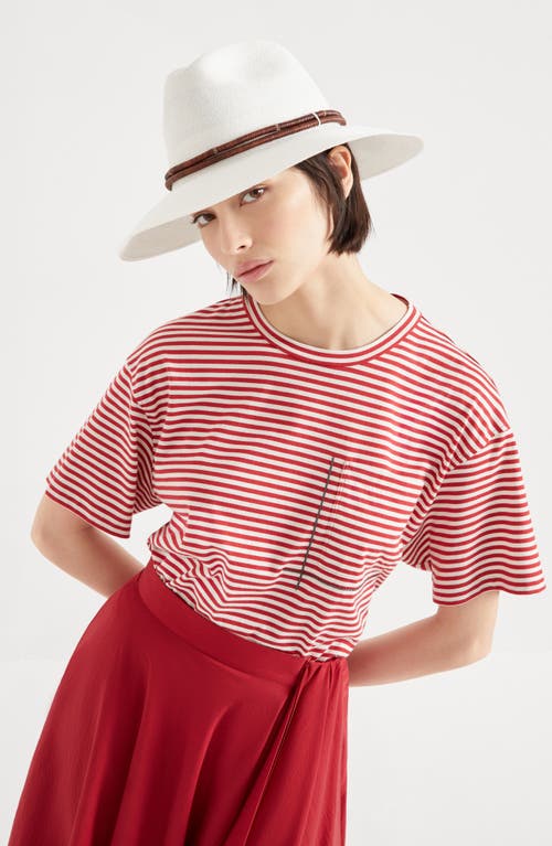 Brunello Cucinelli Red Crewneck T-shirt With All-over Striped Motif And Jewel Detail On The Front In In Red