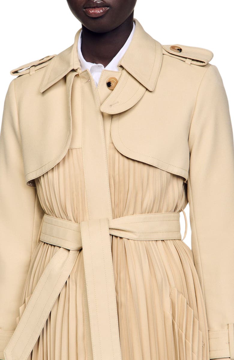 SANDRO Pleated trench coat with belt, Alternate, color, Beige