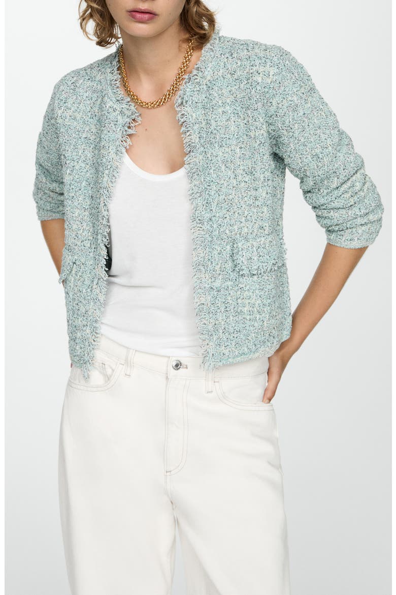 Fringe Trim Tweed Jacket, Main, color, AQUA GREEN