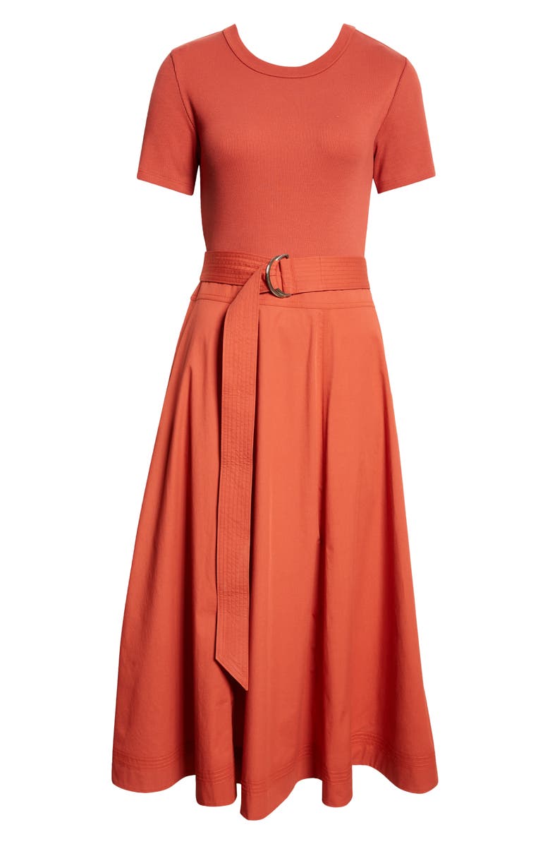 Veronica Beard Facia Mixed Media Stretch Cotton Dress, Alternate, color, Brick Red