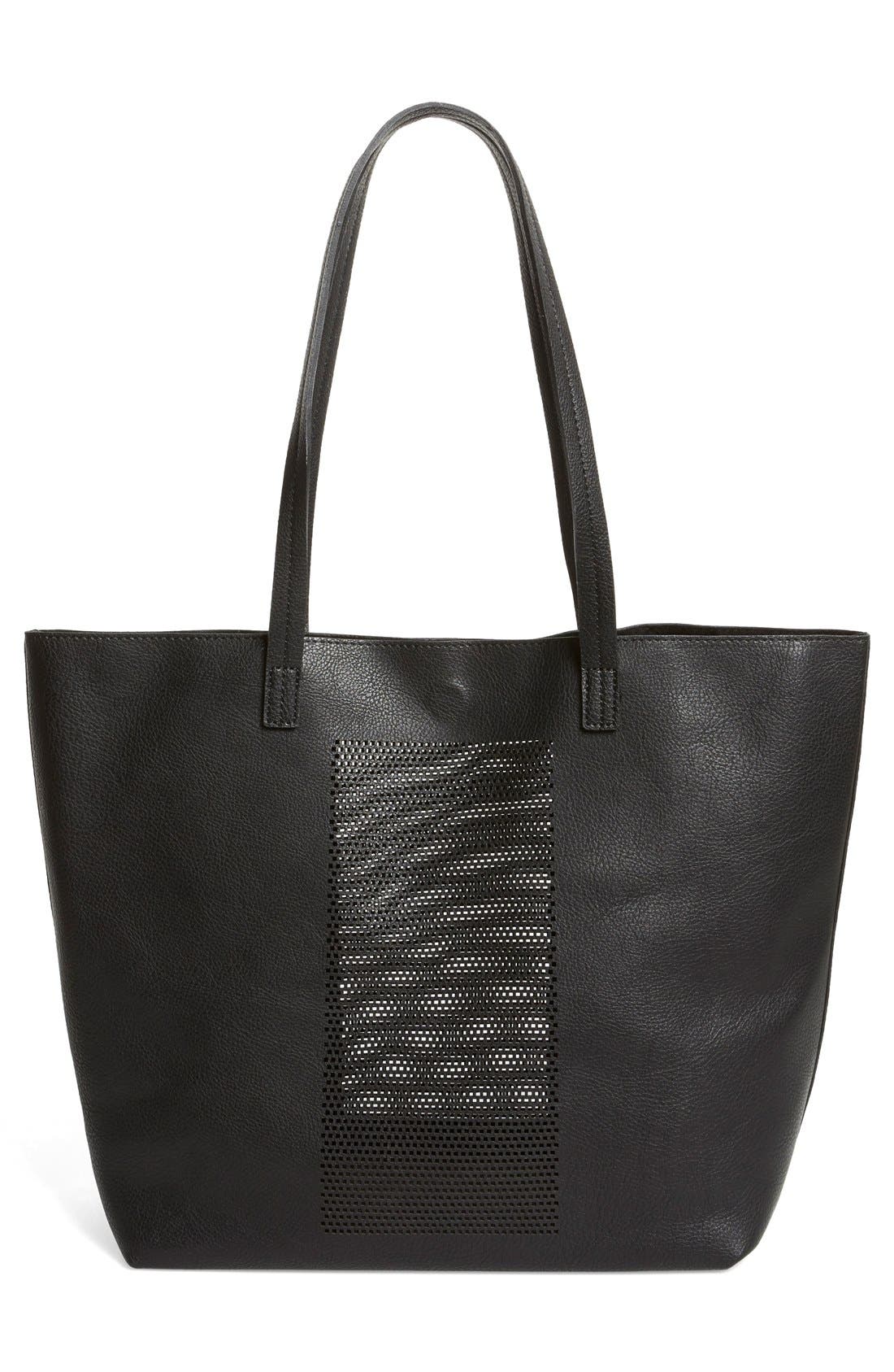 Laser Cut Panel Faux Leather Tote, Alternate, color, BLACK