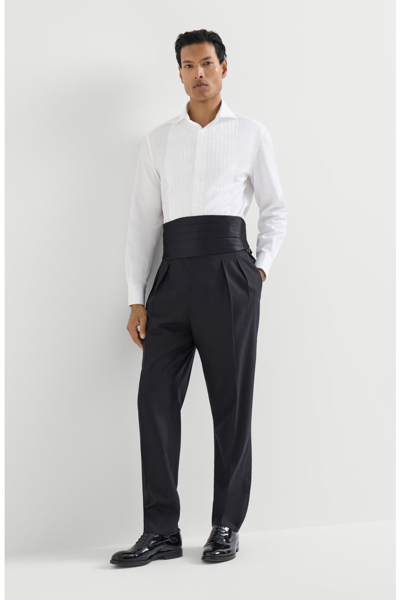 Virgin wool and silk lightweight twill tuxedo trousers with double pleats and waist tabs, Alternate, color, Navy Blue