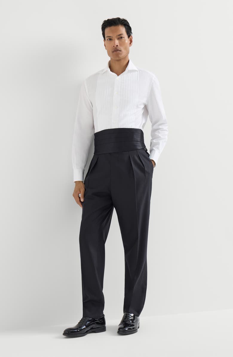 Brunello Cucinelli Virgin wool and silk lightweight twill tuxedo trousers with double pleats and waist tabs, Alternate, color, Navy Blue