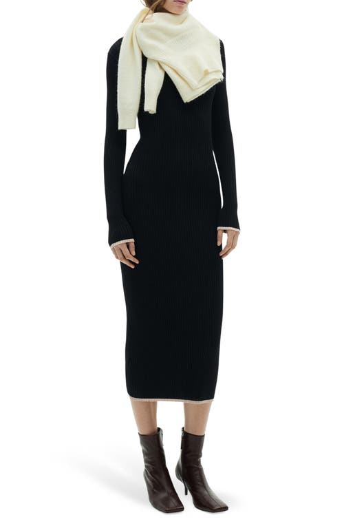 Shop Mango Tipped Long Sleeve Rib Midi Sweater Dress In Black