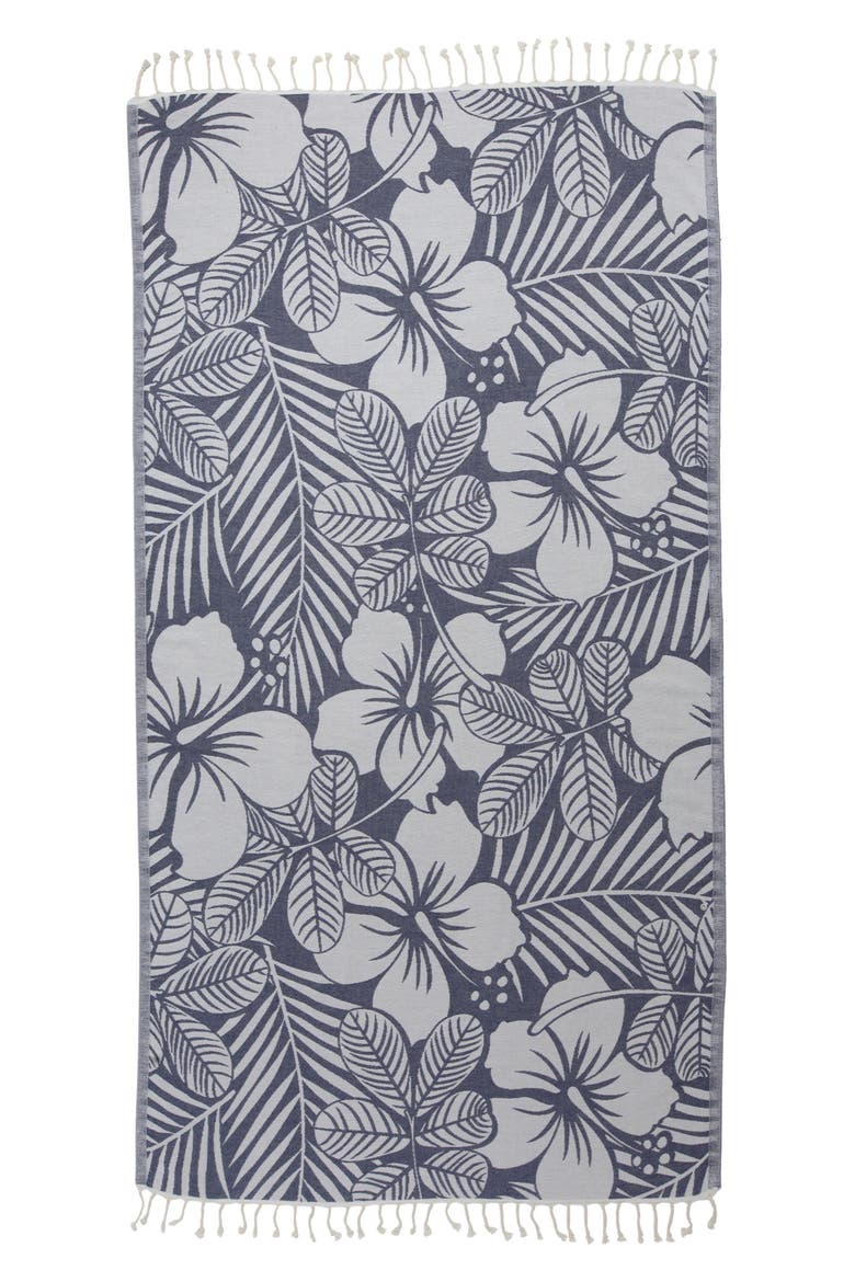 Hawaiian Flower Print Organic Cotton Reversible Turkish Towel, Alternate, color, Navy