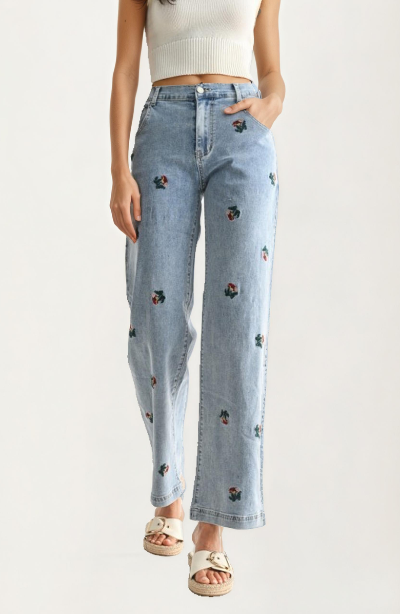 Knit and Lounge High Rise Embroidered Floral Denim Jeans, Main, color,
