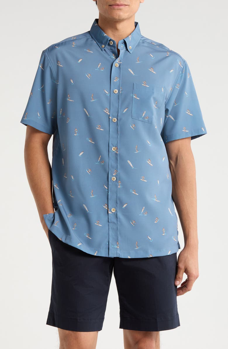 Kahala Surfs Up Short Sleeve Button-Down Shirt, Main, color, Denim Blue